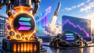 Futuristic minting scene with Solana coins, fiery forge, stacked coins, a rising chart, and a rocket in the background.