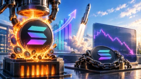 Futuristic minting scene with Solana coins, fiery forge, stacked coins, a rising chart, and a rocket in the background.