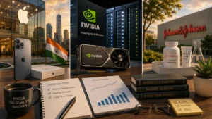 Investment desk scene with an Nvidia GPU, iPhone box, India flag, charts, and finance books against a corporate backdrop including Apple and Johnson & Johnson signage in the distance.