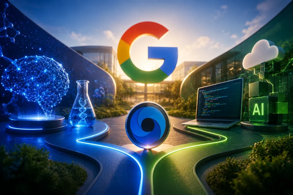 Google Rombak DeepMind, Fokus AI Dibagi Dua Futuristic tech scene with a large, colorful Google G logo in the center, chrome DNA beaker on the left, and a laptop with code on the right; AI blocks glow nearby.