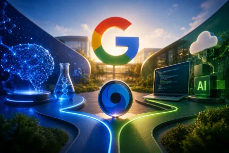 Futuristic tech scene with a large, colorful Google G logo in the center, chrome DNA beaker on the left, and a laptop with code on the right; AI blocks glow nearby.