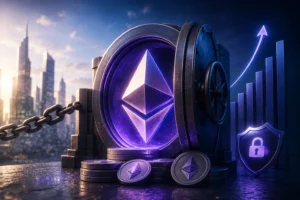 Ethereum logo glowing inside a vault with stacked coins and a rising graph, symbolizing crypto security and growth.