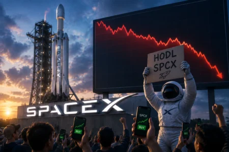 SpaceX launch site at sunset with a crowd holding phones that say 'BUY' and a person in a spacesuit holding a sign reading 'HODL SPXC' in front of a red downward stock chart.