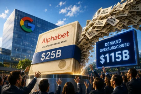 Crowd of suited professionals celebrate Alphabet's $25B investment-grade bond with a 'Demand oversubscribed' $115B display in the foreground.