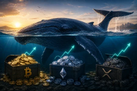 Underwater scene of a large whale beside three treasure chests spilling crypto coins (Bitcoin, Ethereum, XRP) with rising arrows suggesting market growth.