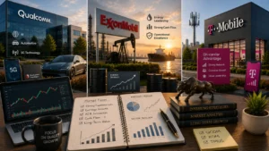 Collage of tech and energy brands (Qualcomm, ExxonMobil, T-Mobile) with 5G icons, office buildings, and a trading desk.