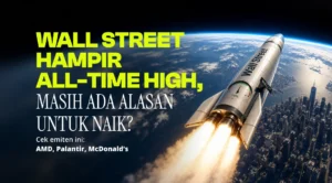 Promotional banner stating Wall Street near all-time high, with a rocket over a city and stock tips for AMD, Palantir, McDonald’s.