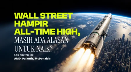 Promotional banner stating Wall Street near all-time high, with a rocket over a city and stock tips for AMD, Palantir, McDonald’s.